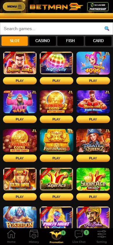 Betman9 casino games experience on a mobile device