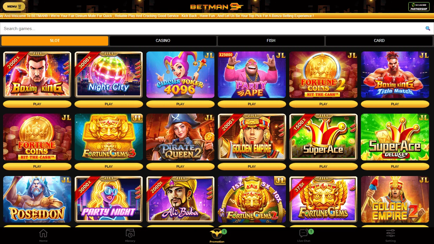 Betman9 casino games experience on desktop